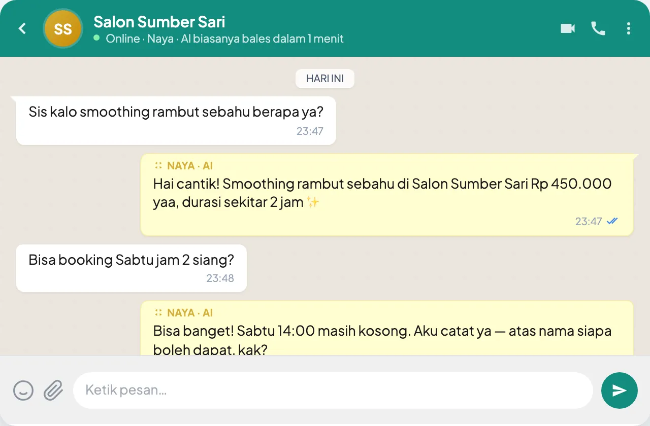 Percakapan WhatsApp di Salon Sumber Sari — customer tanya smoothing rambut, Naya balas dengan harga dan slot Sabtu