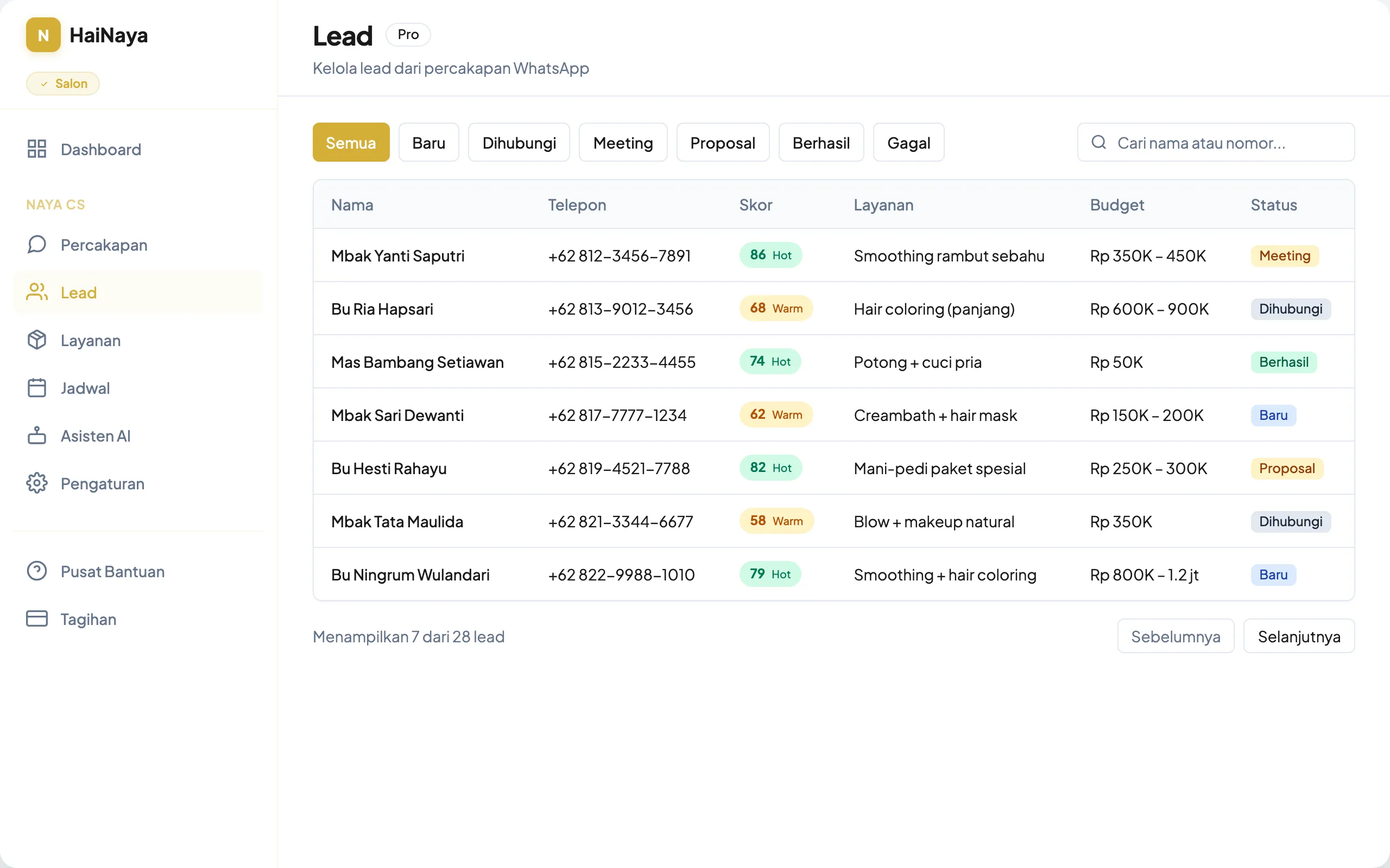 Dashboard HaiNaya untuk Salon Sumber Sari menampilkan percakapan dan lead salon